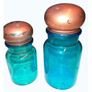 Vintage Blue Glass Storage Jar Gold Lids Belgium Made Two Sizes